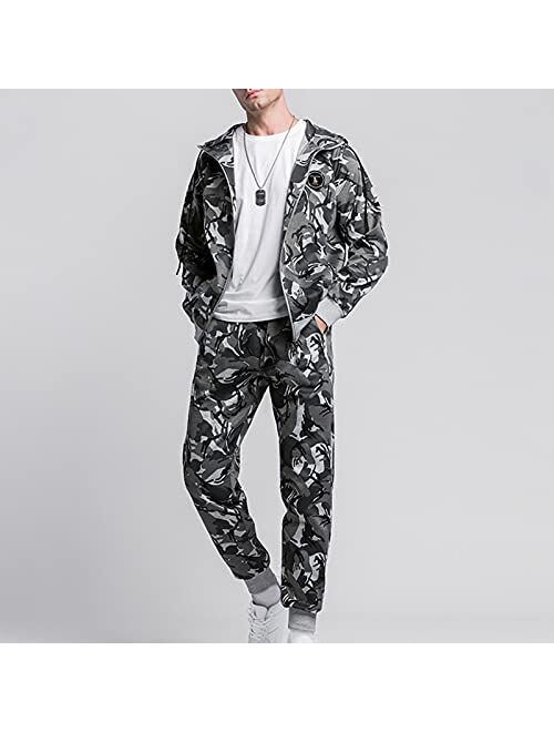 Mens Hooded Jumpsuit Full Zip Tracksuit Sweat Suit 2 Piece Hoodie Tracksuit Sets Casual Comfy Camo Jogging Sports Suits