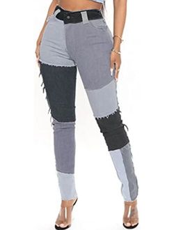 PAODIKUAI Women's Color Block Jeans High Waisted Straight Leg Patchwork Jeans Denim Pants