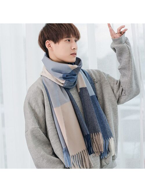 2021 New Imitation Cashmere Scarf Warm Autumn and Winter Tassel Plaid Bristle Scarf Men's Wind and Cold Protection Neck Scarf