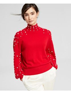 Cashmere Imitation-Pearl Embellished Mock-Neck Sweater, Created for Macy's