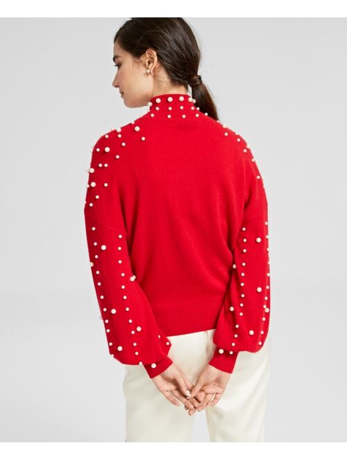 Charter Club Cashmere Imitation-Pearl Embellished Mock-Neck Sweater, Created for Macy's
