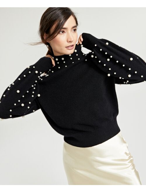 Charter Club Cashmere Imitation-Pearl Embellished Mock-Neck Sweater, Created for Macy's