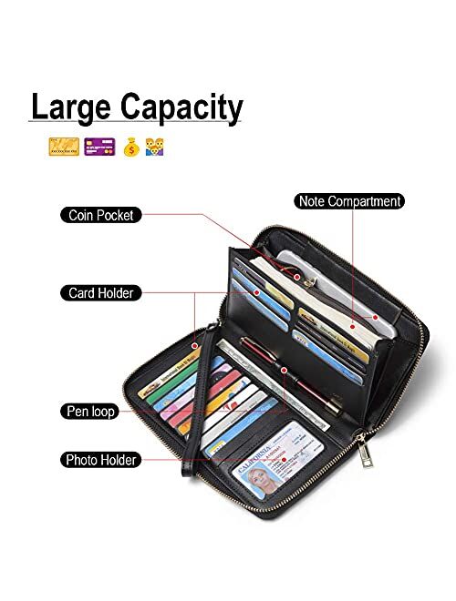 CLUCI Wallet Women Large Capacity Leather Designer Zipper Around Card Ladies Phone Clutch Wristlet Billfolds Black