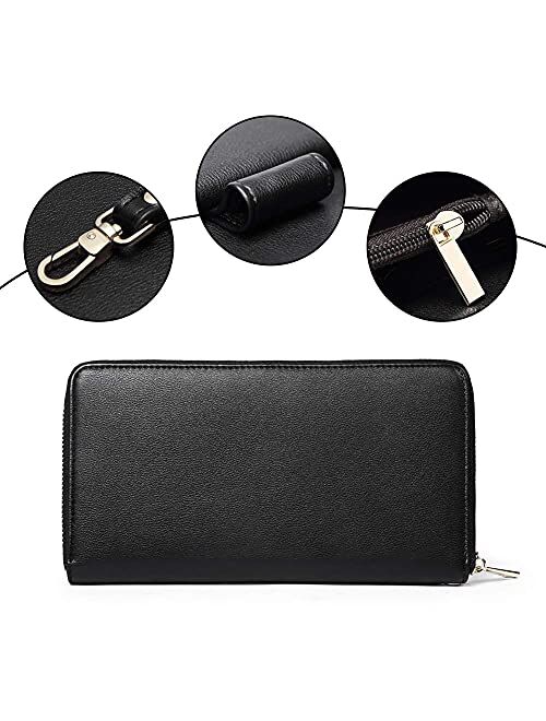 CLUCI Wallet Women Large Capacity Leather Designer Zipper Around Card Ladies Phone Clutch Wristlet Billfolds Black