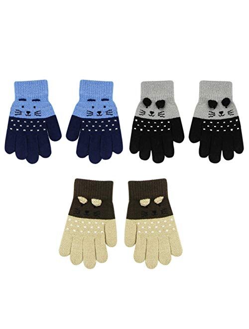RARITYUS 2 or 3 Pairs Kids Cute Cat Warm Gloves Winter Knitted Mittens for Boys Girls Toddler 0-6 Years old