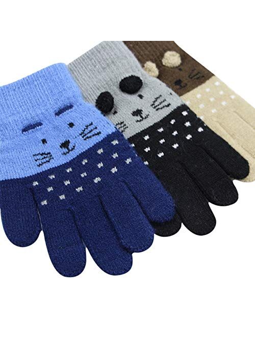 RARITYUS 2 or 3 Pairs Kids Cute Cat Warm Gloves Winter Knitted Mittens for Boys Girls Toddler 0-6 Years old