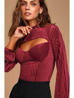 Always Alluring Burgundy Striped Velvet Cutout Bustier Bodysuit