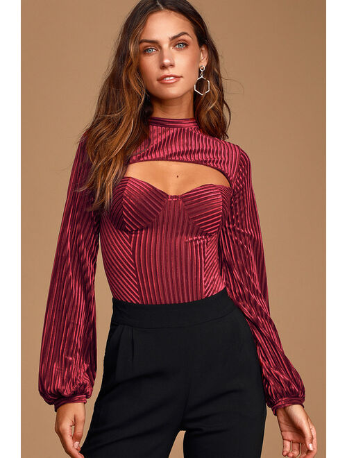 Lulus Always Alluring Burgundy Striped Velvet Cutout Bustier Bodysuit