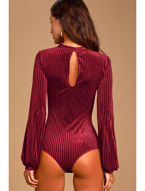Lulus Always Alluring Burgundy Striped Velvet Cutout Bustier Bodysuit