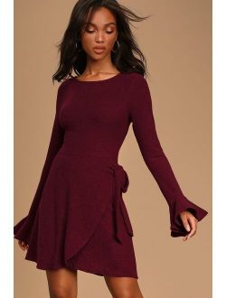 Favorite Tune Burgundy Faux Wrap Sweater Dress