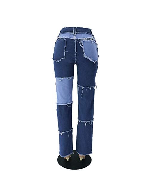 Womens Patchwork Jeans High Waist Stretch Distressed Straight Denim A-line Vintage Pencil Trousers Skinny Leggings Pants