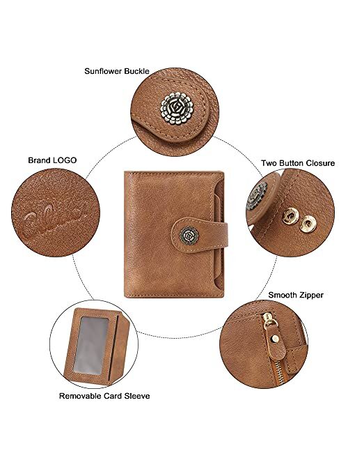 CLUCI Small Wallets for Women Leather Bifold Compact Credit Card Holder with ID Window Ladies Zipper Coin Purse Brown