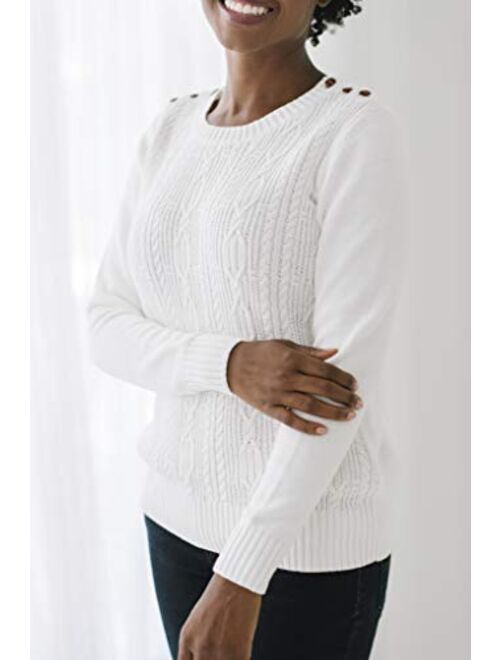 Hope & Henry Women's Cable Knit Sweater with Button Detail