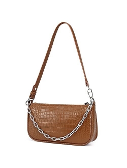 Small Shoulder Bag for Women Vegan Leather Retro Classic Clutch Zipper Closure, Ladies Croc Tote Handbag Purse