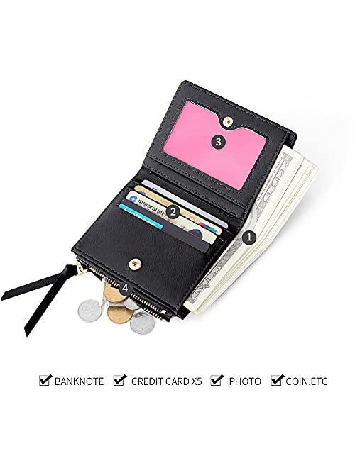 CLUCI Leather Wallets for Women Small Credit Card Holder Ladies Compact Coins Zipper Pocket Black