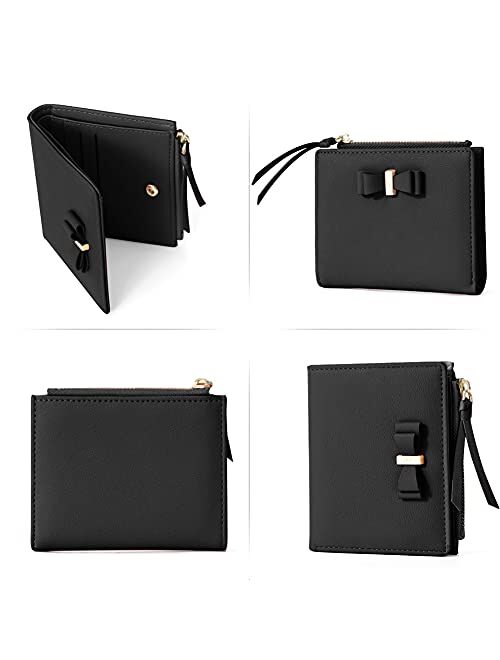 CLUCI Leather Wallets for Women Small Credit Card Holder Ladies Compact Coins Zipper Pocket Black
