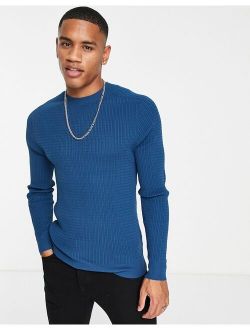 muscle fit knit sweater in blue
