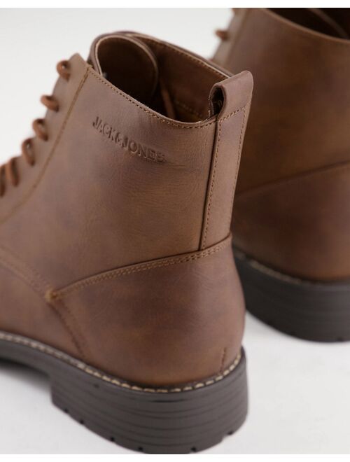 Jack & Jones faux leather lace up boot in brown