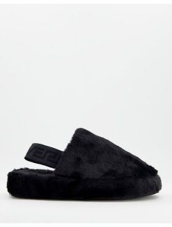 fur mules with strap in black
