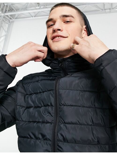 Jack & Jones lightweight puffer jacket with hood in black