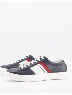 faux leather sneakers with stripe logo in navy