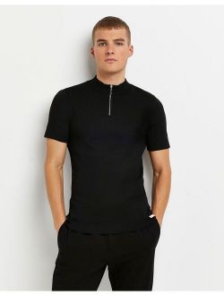knitted half zip t-shirt in black