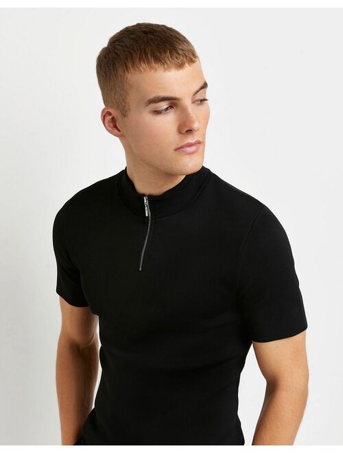 River Island knitted half zip t-shirt in black