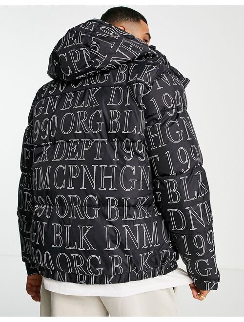 Jack & Jones Originals printed hooded puffer jacket in black