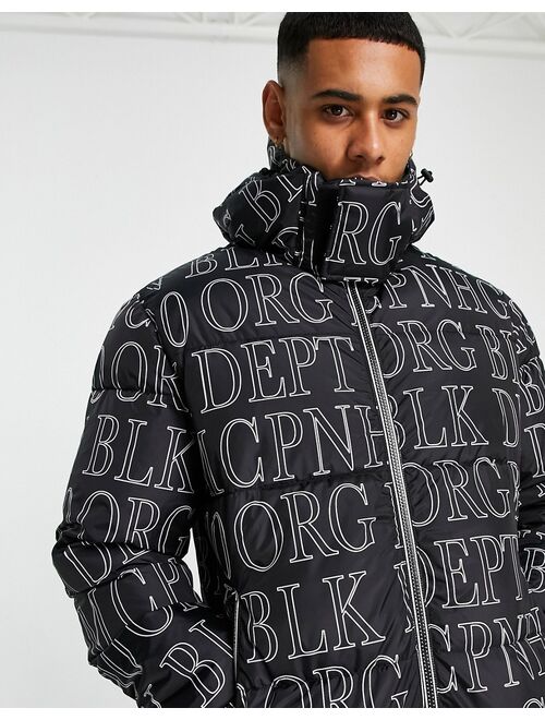 Jack & Jones Originals printed hooded puffer jacket in black
