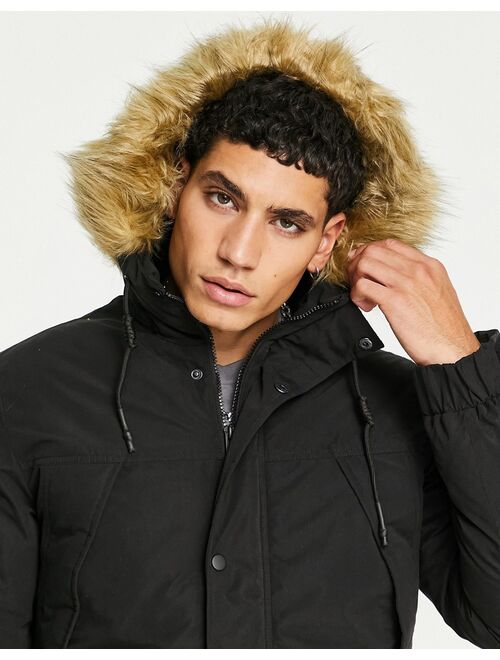 Jack & Jones Originals short parka jacket with faux fur hood in black