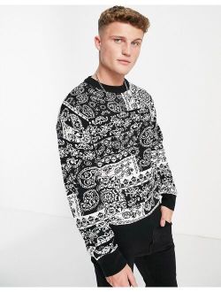 jacquard knit sweater in monochrome paisley pattern