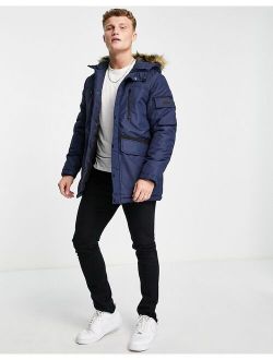 Essentials parka with faux fur hood in navy