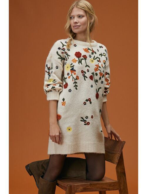 Anthropologie Floral Appliqued Sweater Tunic Dress