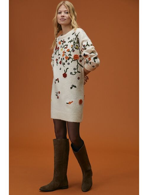 Anthropologie Floral Appliqued Sweater Tunic Dress