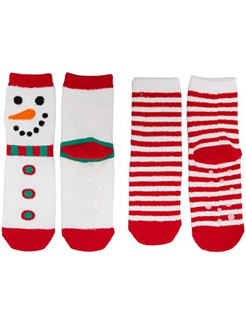 Jefferies Socks Snowman & Stripe Fuzzy Slipper Socks 2-Pack (Infant/Toddler/Little Kid/Big Kid)