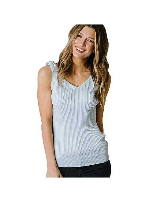 Hope & Henry Women's Rib Knit V-Neck Sweater Tank with Bow Shoulder