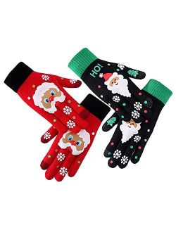 2 Pairs Christmas Knitted Gloves Santa Claus Winter Warm Touchscreen Gloves Full Finger Mittens Xmas Gifts