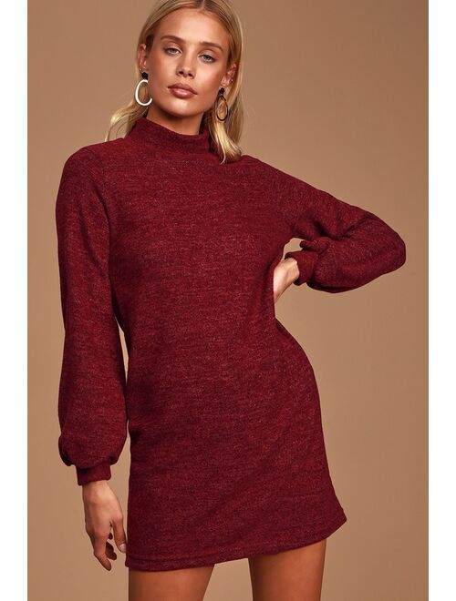 LUSH In the Limelight Heathered Burgundy Mock Neck Sweater Dress