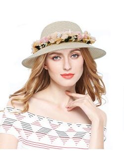 Lovful Fashion Flower Lace Ribbon Wide Brim Caps Summer Beach Sun Protective Hat Straw Hats for Women