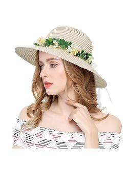 Lovful Flower Ribbon Wide Brim Caps Summer Beach Sun Protective Hats Fedora Straw Hats for Women