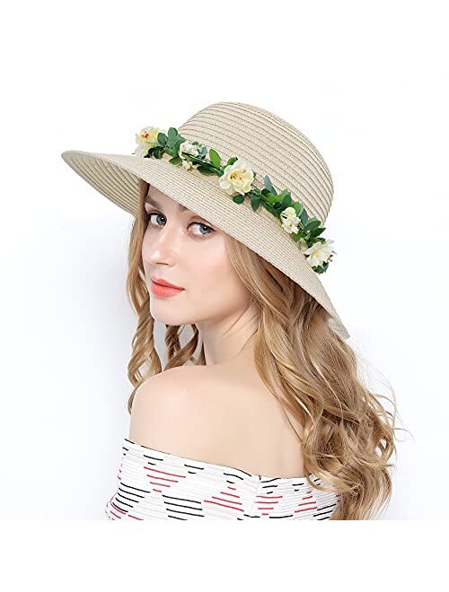 Lovful Flower Ribbon Wide Brim Caps Summer Beach Sun Protective Hats Fedora Straw Hats for Women