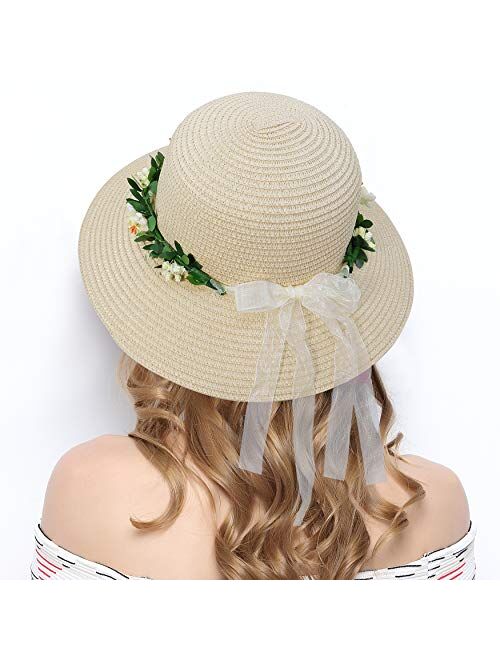 Lovful Flower Ribbon Wide Brim Caps Summer Beach Sun Protective Hats Fedora Straw Hats for Women