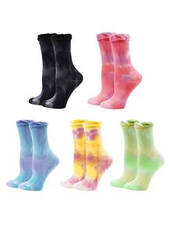 Lovful Tie Dye Slouch Socks, Cotton Crew Socks for Women, Cute Ruffle Frilly Colorful Socks 5 Pairs, Multicolored