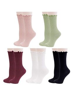 Lovful 5 Pack Ruffle Socks Women, Cute Crew Cotton Socks, Slouchy Boot Frilly Novelty Socks