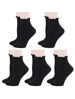 Lovful 5 Pack Ankle Socks for Women, Ruffle Cuff Cotton Crew Socks, Frilly Knit Lettuce Cute Low Cut Socks