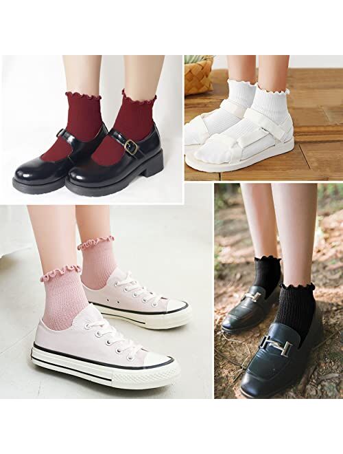 Lovful 5 Pack Ankle Socks for Women, Ruffle Cuff Cotton Crew Socks, Frilly Knit Lettuce Cute Low Cut Socks