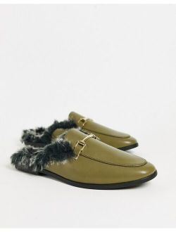 backless mule loafer in khaki faux leather with faux fur
