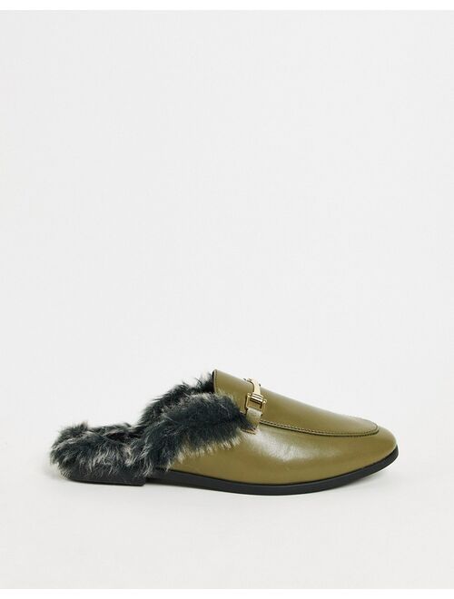 Asos Design backless mule loafer in khaki faux leather with faux fur
