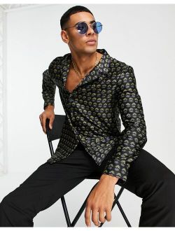 long sleeve satin shirt with revere collar & print in black