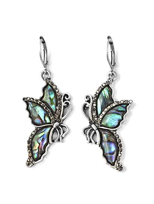 Shop LC Stainless Steel Platinum Plated Hematite Color Lever Back Earrings in Abalone Shell Black Crystal Butterfly Dangle Drop Lever Back Earrings Beach Jewelry Gifts fo